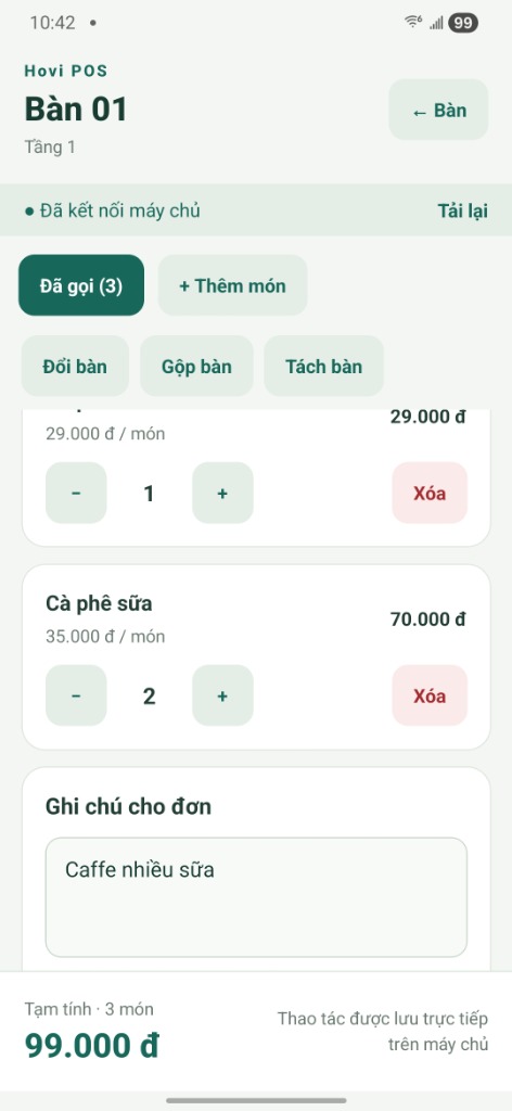 Giao diện chi tiết gọi món & ghi chú Hovi Staff trên Android