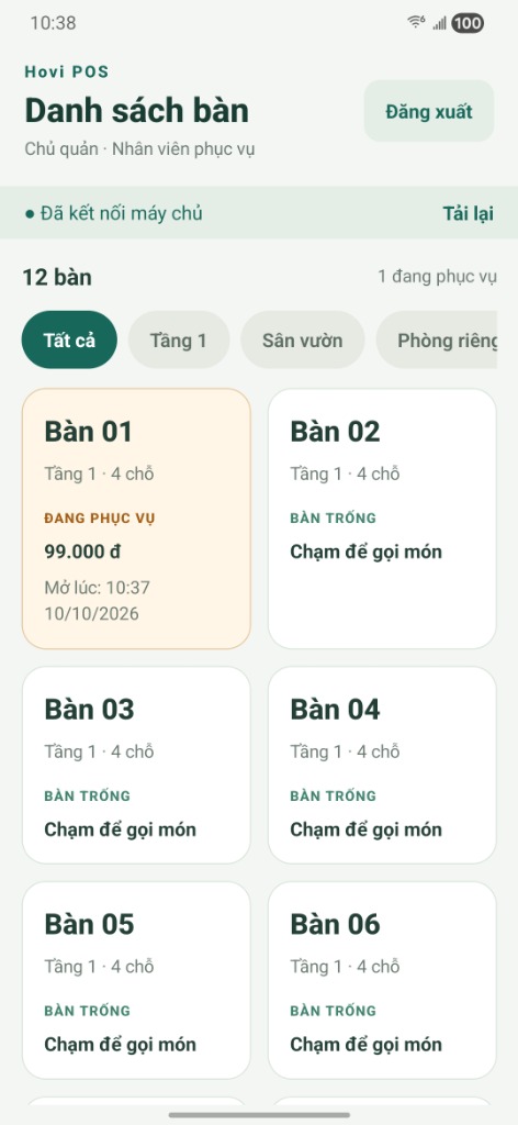 Giao diện sơ đồ bàn Hovi Staff trên điện thoại Android